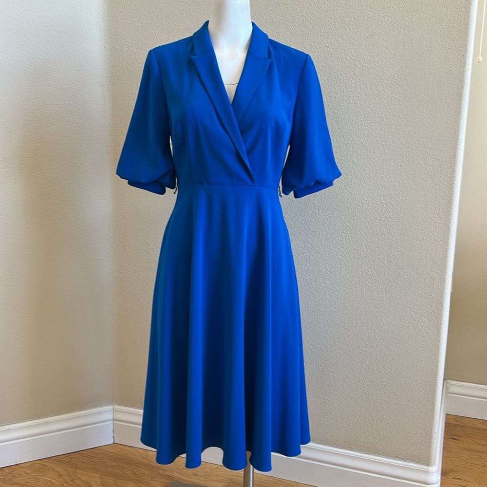 Badgley Mischka Royal Blue Party Dress 4 Short Sleeve Fit & Flare Midi